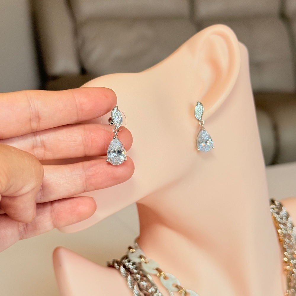 Silver Teardrop Crystal Drop Earrings - Picture 8 of 11